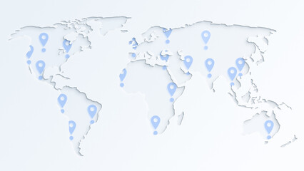 Poster - Light gray world map with blue map pin icons on almost white background. Paper cut out effect. 4k resolution.