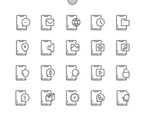 Poster - Mobile phone notifications. Alarm clock. Application. Pixel Perfect Vector Thin Line Icons. Simple Minimal Pictogram