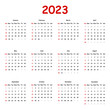 © Darya - 2023. Classic calendar with black and red numbers on a white background. The week starts on Sunday.  Vector.