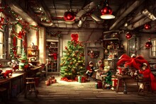 It's A Christmas Toy Factory! There Are Elves Everywhere, Busy Making Toys. The Air Is Filled With The Sound Of Hammering And Sawing. Stacks Of Presents Are Lined Up Ready To Be Wrapped. In The Center