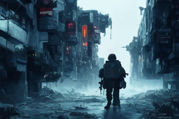 Cyberpunk soldier city warfare 3D illustration