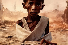 Watercolour Painting Of A Malnourished Child, Famine