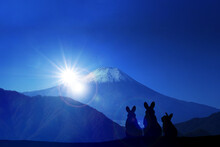 卯年年賀状-兎の親子シルエットと富士山と初日の出