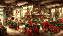 The Christmas Toy Factory Is Full Of Hustle And Bustle As The Elves Race To Finish Making All The Toys For Santa's Sleigh. The Air Is Full Of Excitement And Anticipation, With A Hint Of Magic In The A