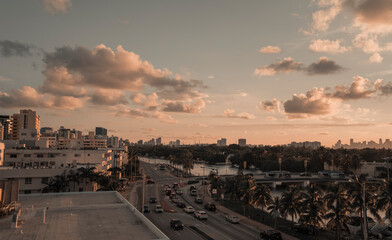 Wall Mural - sunset traffic road street Miami Beach express 