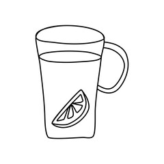 Wall Mural - Glass cup with tea and lemon slice, doodle style flat vector outline for kids coloring book