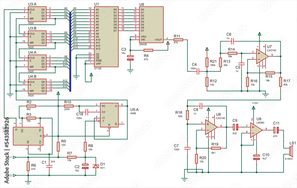 Electrical schematic diagram of a digital electronic device (doorbell ...