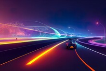 Speeding Sports Car On Neon Highway. Powerful Acceleration Of A Supercar On A Night Track With Colorful Lights And Trails. 3d Render