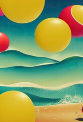 Sticker - 3D render of summer podium, showcases with beach balls and an umbrella on yellow background. Fun bright illustration for advertising summer products, sunscreen products, relaxation and vacations.