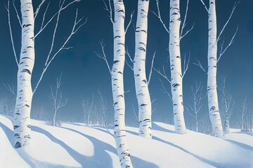 Poster - winter natural landscape view from below on the crowns and tops of birch trees covered with white frost against the blue sky in the Park, vertical, horizontal, copy space