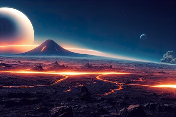 desert planet with alien objects in the sky. Volcano, smoke, lava, eruption, satellites of the planet, parallel worlds, science fiction, lifeless wasteland. 3D rendering