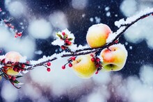 Small Yellow Apples On Branches Tree With Snow. Winter Or Late Autumn Scene, Beautiful Nature With Wild Frozen Berries On Blurred Dark Background. Winer Season Apple Trees Close Up And Snowing