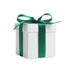 Wall Mural - Christmas gift. Box with green ribbon bow on white background
