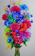 Wall Mural - I see a beautiful bouquet of watercolor flowers. The colors are so bright and pretty, I can't help but smile. Each flower is intricately painted, and they're all different shades of pink, purple, and 