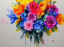 A Vibrant Bouquet Of Watercolor Flowers Is Displayed In A Glass Vase. The Blooms Include Delicate Roses, Tulips, And Dainty Daisies. Each Flower Is Lovingly Crafted With Intricate Detail And Soft H