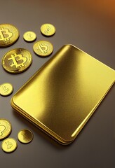 Poster - crypto wallet with golden bitcoin,Ethereum,Litecoin coins,Cryptocurrency transaction,blockchain technology services,minimal style.3d rendering.