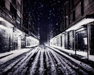 Wall Mural - The city street is cold and empty. The buildings are tall and dark, their windows reflecting the light of the evening sky. A few cars drive by, their tires leaving tracks in the fresh snow. In the dis