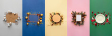 Collage With Christmas Compositions On Colorful Background, Top View