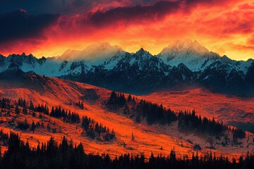 Wall Mural - Beautiful colorful sunset over the snowy mountain range and pine tree forest. Nature landscape. Dramatic overcast sky with orange clouds. Main Caucasian ridge, Svaneti, Georgia. Retro toning filter