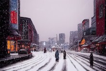 Cityscape Of Sapporo City In Snowy Day With Copy Space, Hokkaido, Japan, Winter Season.