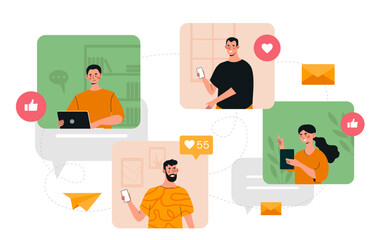 Poster - comunication in chat. video conference or call, men and women communicate in social networks. remote
