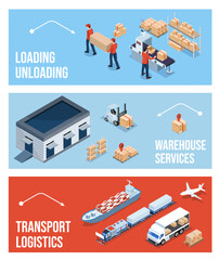 Set of 3D isometric Modern Global logistic service banner concept with maritime, truck and air transport delivery services for export, import, and warehouse business. Vector illustration EPS 10