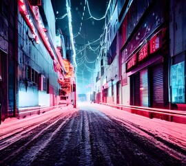 Wall Mural - I am walking down a city street on a winter evening. The streets are empty and the cold air is biting. I can see my breath in front of me as I walk, and the only sound is the crunching of snow