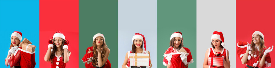 Poster - Set of attractive young women in Santa costumes and with Christmas gifts on colorful background