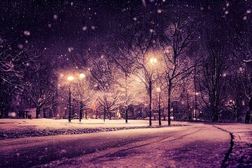 Wall Mural - Christmas background with falling snow, selective focus. Beautiful Winter night landscape. Nature Winter background with Copy Space for design.