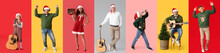 People With Headphones, Microphone, Guitars And Radio Receiver On Color Background. Christmas Celebration