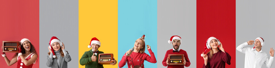 Poster - People with headphones, microphone, guitars and radio receivers on color background. Christmas celebration