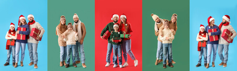 Wall Mural - Collage of happy family in winter clothes and with Christmas gifts on color background