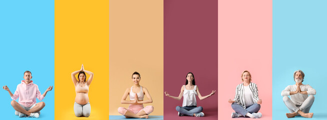 Sticker - Set of different meditating people on colorful background