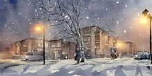 In The Picture, There Are Several Apartment Buildings That Appear To Be Made Out Of Watercolor. It Is Winter Time And It Looks Like Nighttime. The Sky Is A Deep Blue Color And There Is Snow On The Gro