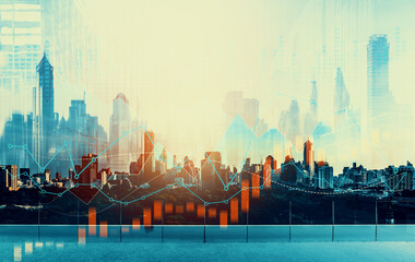 As background for a financial or business concept, digital screen and financial graphs overlap on a picture of modernistic cityscape, skyscrabbers.