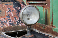 Headlight Of Old Truck At Farm, Closeup