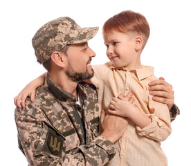 Wall Mural - Ukrainian defender in military uniform with his little son on white background