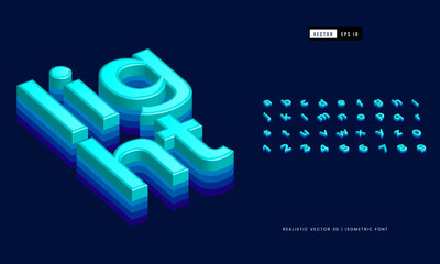 Wall Mural - Isometric realistic 3d neon alphabet vector font typeface