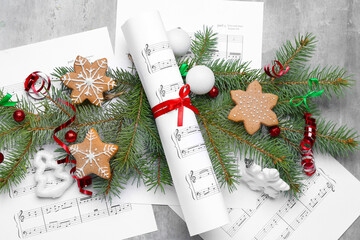 Poster - Note sheets with Christmas balls, fir branches and cookies on grunge background