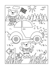 Wall Mural - Bear mechanics at car race dot-to-dot picture puzzle and coloring page
