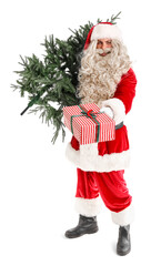 Sticker - Santa Claus with Christmas tree and gift on white background