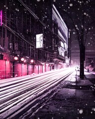 Wall Mural - The City street is cold and the air is crisp. The evening sky is a beautiful deep blue, and the stars are shining bright. The lights from the buildings illuminate the snow-covered streets.