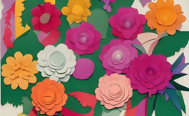 Wall Mural - I am looking at a piece of paper that has been cut and shaped into the form of a flower. The petals are different shades of pink, and there is green leaves poking out from behind the pedals. It looks 