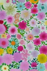 Wall Mural - I am looking at a design of paper flowers. The flowers are made out of thin sheets of brightly-colored paper, and they are all different sizes. Some of the petals are curled up, and some of the blosso