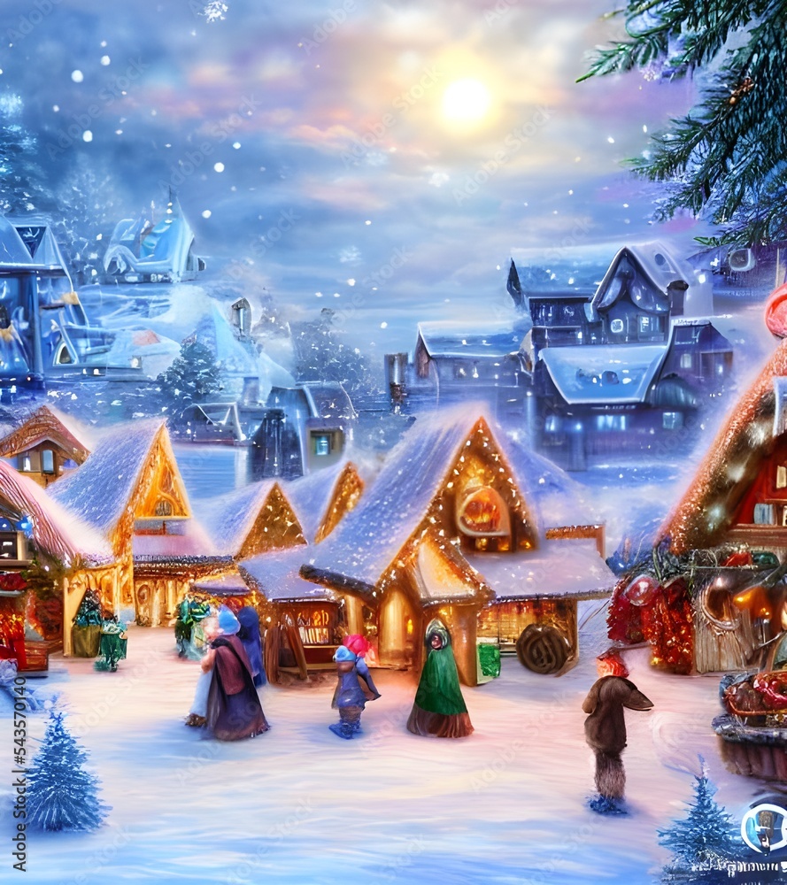 It's a cold winter night and the christmas village is aglow with color ...