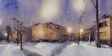 The Building Is Like A Painting, With Its Watercolor-esque Appearance And Muted Colors. It's Snowing Gently Outside, And The Streets Are Empty And Calm. The Only Sound Is The Soft Crunch Of Snow Under