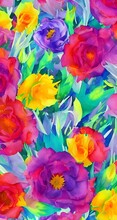 I Am Looking At A Beautiful Watercolor Flower Bouquet. The Flowers Are Different Shades Of Pink, Purple, And Blue. They Are Arranged In A Mason Jar With Some Green Leaves Poking Out.