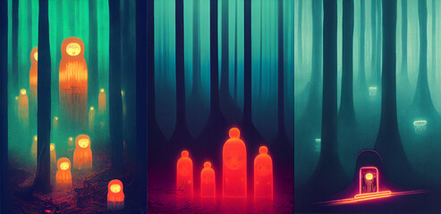 Wall Mural - Neon lights illustration, foggy forest, mystic atmosphere, candles in the church, collection