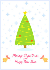Wall Mural - A cute Christmas card with a Christmas tree and garlands decorated with snowflakes and bells. Vector illustration for the new year for posters and cards, greetings and invitations