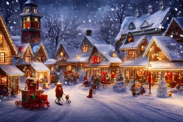 the winter christmas village is a beautiful sight. the snow is falling gently and the lights are shi
